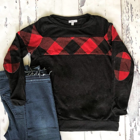 NWT!!  Red & Black Plaid Top with Elbow Patches - Picture 2 of 11